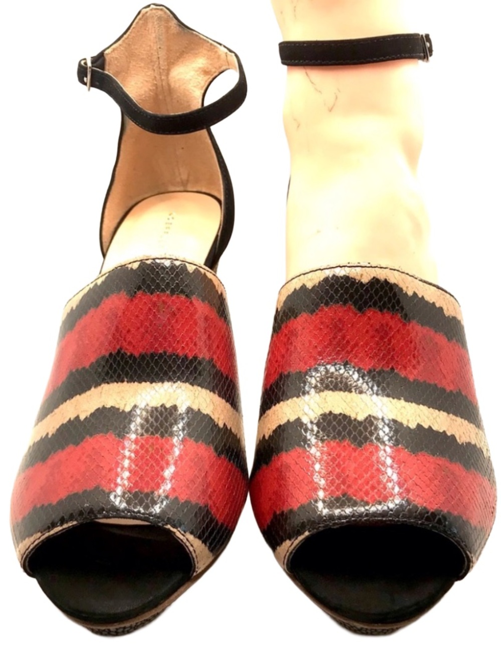LOEFFLER RANDALL "ROSIE" RED, BLACK & CREAM LEATHER PLATFORM HEELS (9B) - Picture 3 of 12